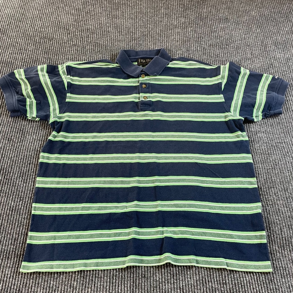 PGA Tour Polo Shirt Mens Large L Green Blue‎ Striped Cotton Golf Comfort Casual